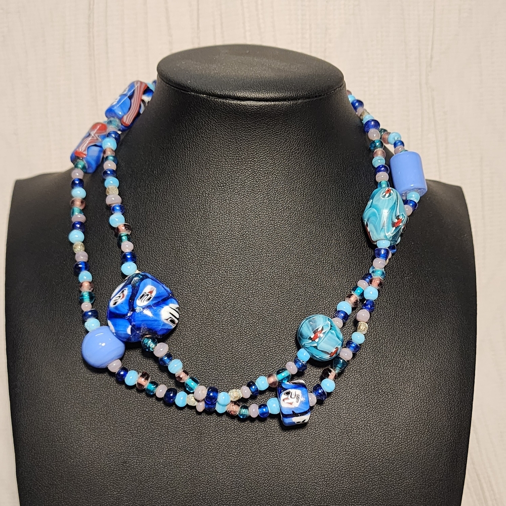 Artisan Glass Bead Necklace Millefiori Face Beads Blue Lampwork Long